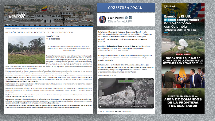 Comunicaciones oficiales: Boletín N° 0182 que describe el sitio en el Cantón Cascales, el tuit de Sean Parnell, portavoz del Pentágono, y tres portadas de medios locales: diario Primicias, Ecuavisa y revista Vistazo.