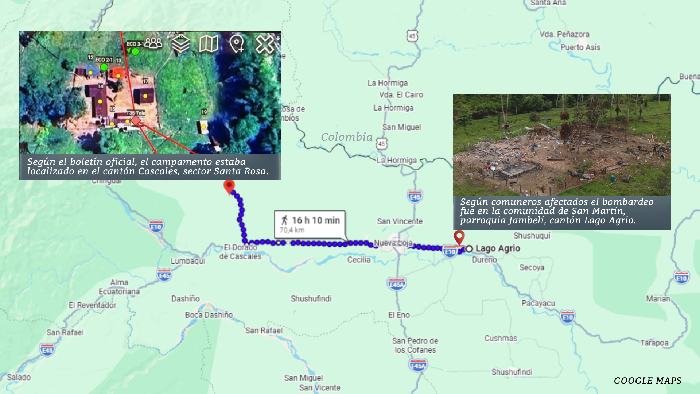 La distancia aproximada entre el Cantón Cascales (donde el Gobierno dice que ocurrió) y el Cantón Lago Agrio (donde los comuneros reportan el hecho) es de unos 70 a 75 kilómetros por carretera. Se empleó google maps para geolocalizar ambos sitios y confirmar la distancia entre ambos puntos. 